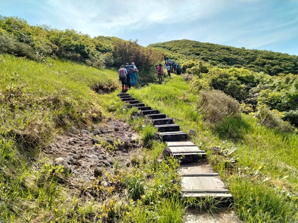 登山道を痛めないように木道を階段状に設置してくれています