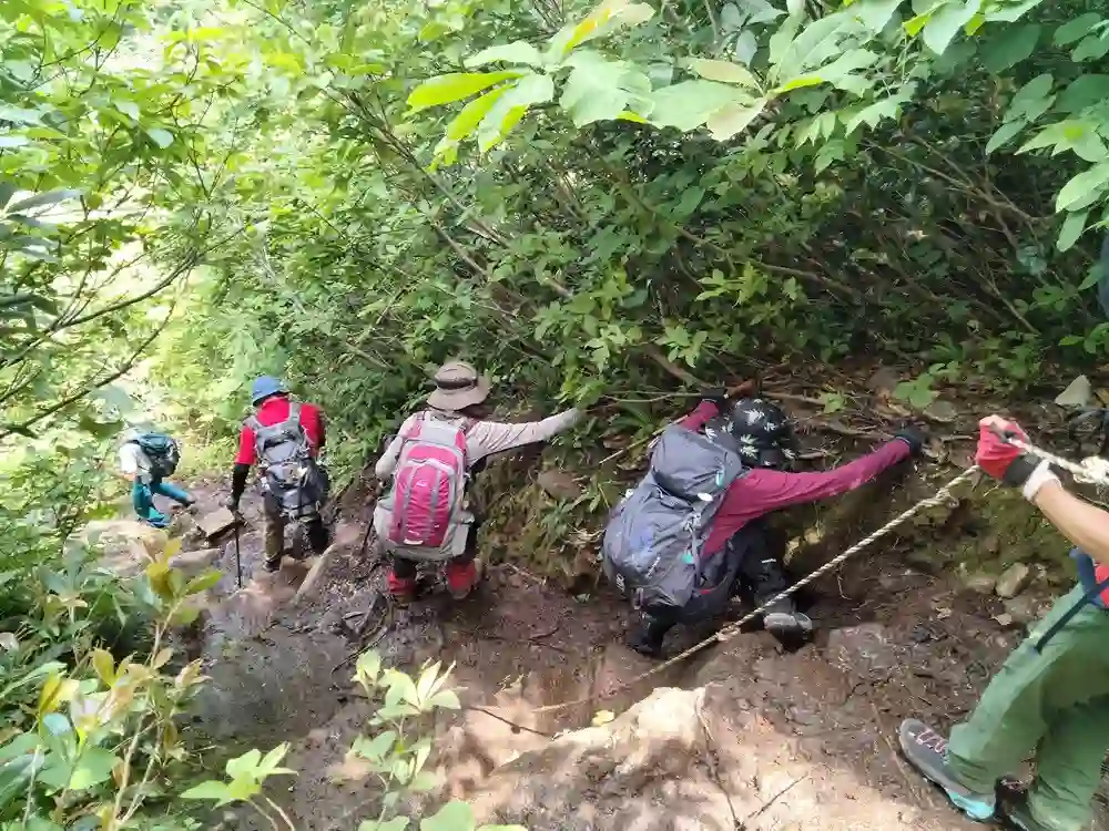 急な傾斜を下山。慎重に